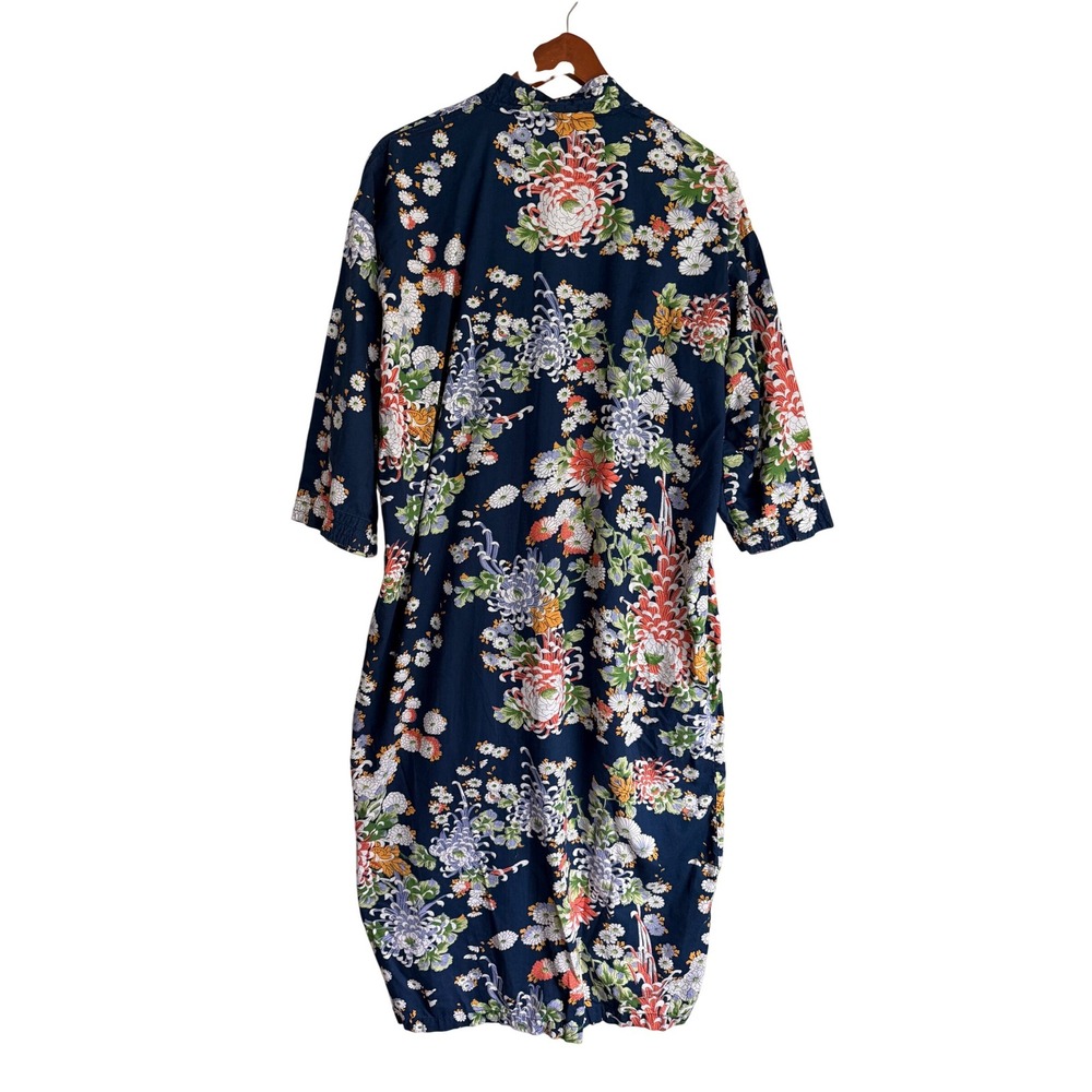 VTG La Maisonnette Navy Floral Zip Front Robe House Dress 3/4 Sleeve Midi L